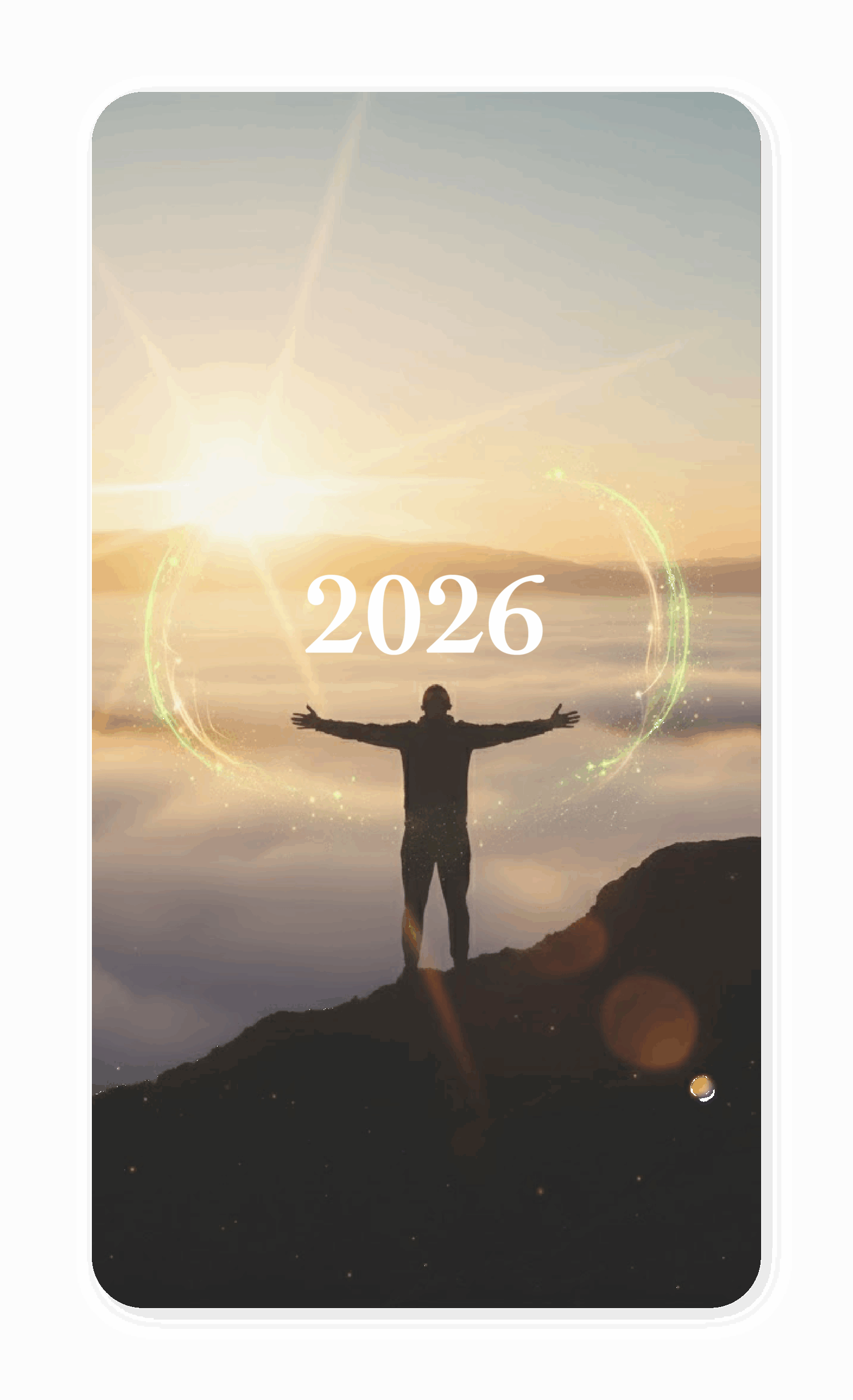 A person with arms raised on a mountaintop at sunrise, under the year 2026